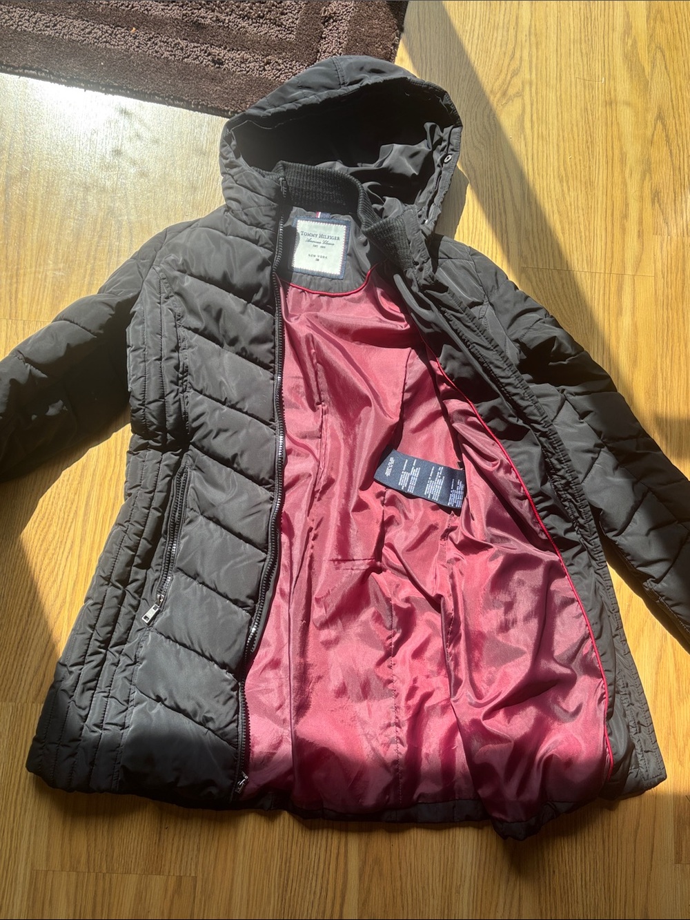 Tommy Hilfiger Black Hooded Puffer with Burgundy Interior